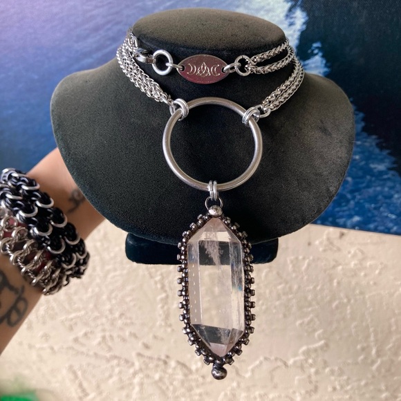 Double chain big Natural Crystal quartz black electroplated boho goth necklace - Picture 9 of 15